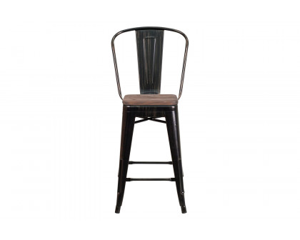 BLNK™ Lily Metal Counter Height Stool with Back and Wood Seat - Black/Antique Gold