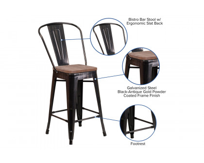 BLNK™ Lily Metal Counter Height Stool with Back and Wood Seat - Black/Antique Gold