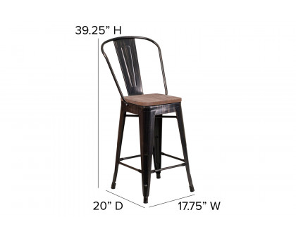 BLNK™ Lily Metal Counter Height Stool with Back and Wood Seat - Black/Antique Gold