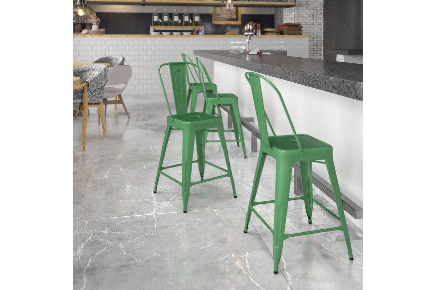 BLNK™ Kai Commercial Metal Indoor-Outdoor Counter Height Stool with Removable Back - Green