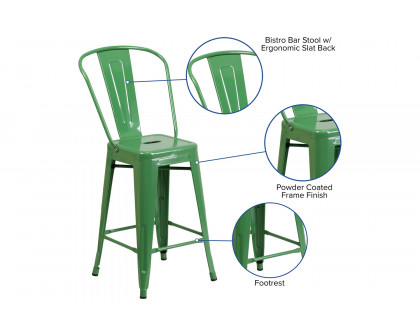 BLNK™ Kai Commercial Metal Indoor-Outdoor Counter Height Stool with Removable Back - Green