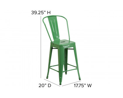 BLNK™ Kai Commercial Metal Indoor-Outdoor Counter Height Stool with Removable Back - Green