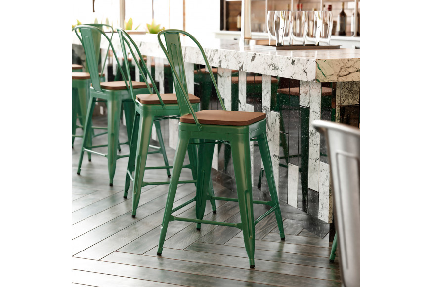 BLNK™ Kai Commercial Metal Indoor-Outdoor Counter Height Stool with Removable Back and All-Weather Poly Resin Seat - Green/Teak