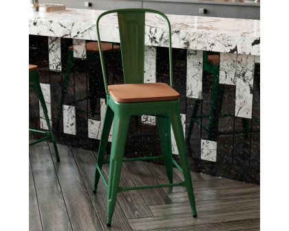 BLNK™ Kai Commercial Metal Indoor-Outdoor Counter Height Stool with Removable Back and All-Weather Poly Resin Seat - Green/Teak