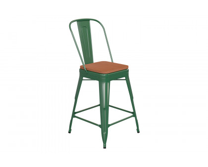 BLNK™ Kai Commercial Metal Indoor-Outdoor Counter Height Stool with Removable Back and All-Weather Poly Resin Seat - Green/Teak