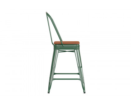 BLNK™ Kai Commercial Metal Indoor-Outdoor Counter Height Stool with Removable Back and All-Weather Poly Resin Seat - Green/Teak