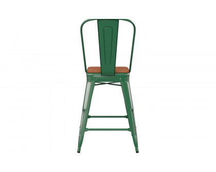 BLNK™ Kai Commercial Metal Indoor-Outdoor Counter Height Stool with Removable Back and All-Weather Poly Resin Seat - Green/Teak