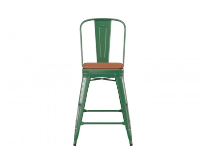 BLNK™ Kai Commercial Metal Indoor-Outdoor Counter Height Stool with Removable Back and All-Weather Poly Resin Seat - Green/Teak