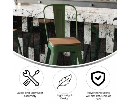 BLNK™ Kai Commercial Metal Indoor-Outdoor Counter Height Stool with Removable Back and All-Weather Poly Resin Seat - Green/Teak