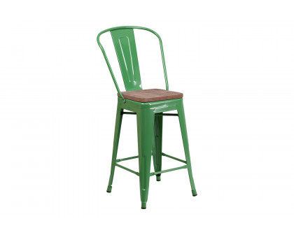 BLNK Lily Metal Counter Height Stool with Back and Wood Seat - Green