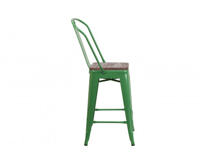 BLNK Lily Metal Counter Height Stool with Back and Wood Seat - Green