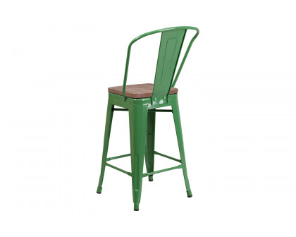 BLNK Lily Metal Counter Height Stool with Back and Wood Seat - Green