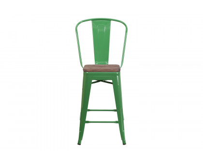 BLNK Lily Metal Counter Height Stool with Back and Wood Seat - Green