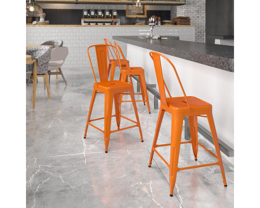 BLNK Kai Commercial Metal Indoor-Outdoor Counter Height Stool with Removable Back - Orange