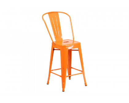 BLNK Kai Commercial Metal Indoor-Outdoor Counter Height Stool with Removable Back - Orange