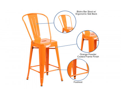 BLNK Kai Commercial Metal Indoor-Outdoor Counter Height Stool with Removable Back - Orange