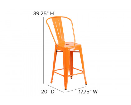 BLNK Kai Commercial Metal Indoor-Outdoor Counter Height Stool with Removable Back - Orange