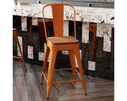 BLNK Kai Commercial Metal Indoor-Outdoor Counter Height Stool with Removable Back and All-Weather Poly Resin Seat - Orange/Teak