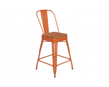 BLNK Kai Commercial Metal Indoor-Outdoor Counter Height Stool with Removable Back and All-Weather Poly Resin Seat - Orange/Teak