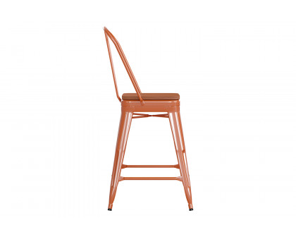 BLNK Kai Commercial Metal Indoor-Outdoor Counter Height Stool with Removable Back and All-Weather Poly Resin Seat - Orange/Teak