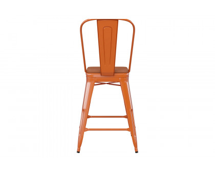 BLNK Kai Commercial Metal Indoor-Outdoor Counter Height Stool with Removable Back and All-Weather Poly Resin Seat - Orange/Teak