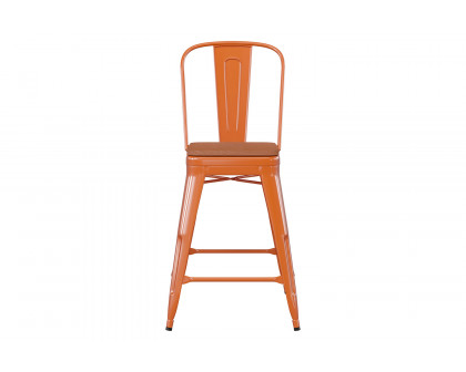 BLNK Kai Commercial Metal Indoor-Outdoor Counter Height Stool with Removable Back and All-Weather Poly Resin Seat - Orange/Teak