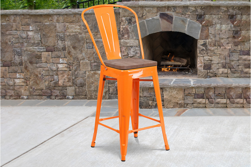 BLNK™ Lily Metal Counter Height Stool with Back and Wood Seat - Orange