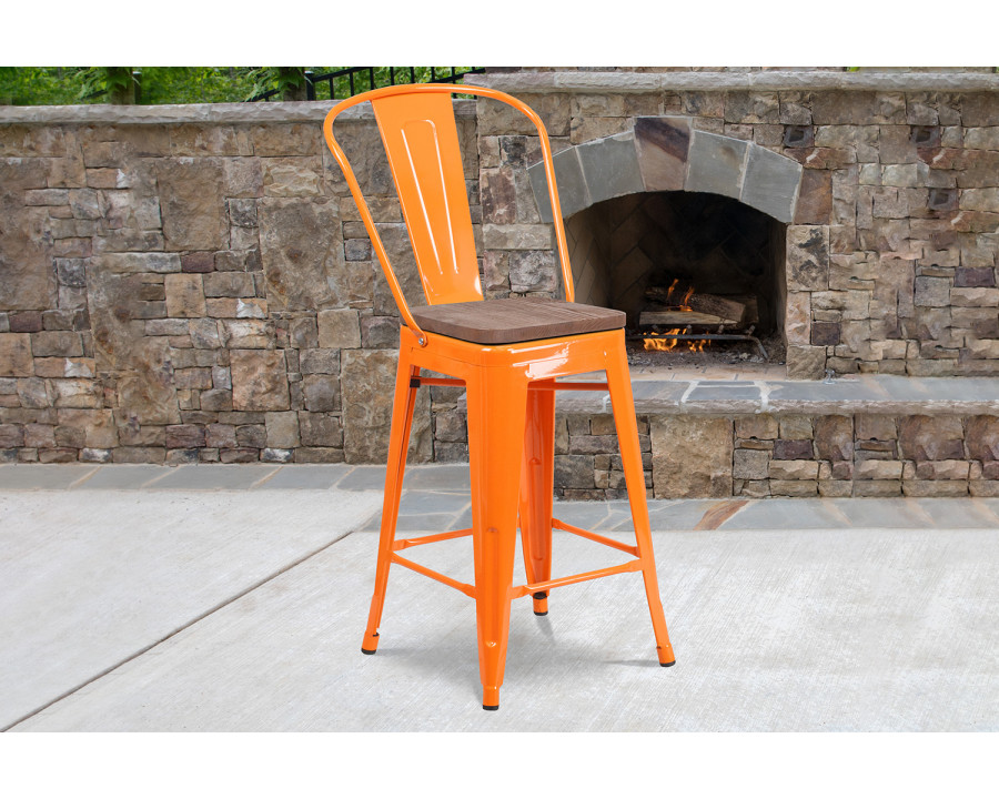 BLNK Lily Metal Counter Height Stool with Back and Wood Seat - Orange