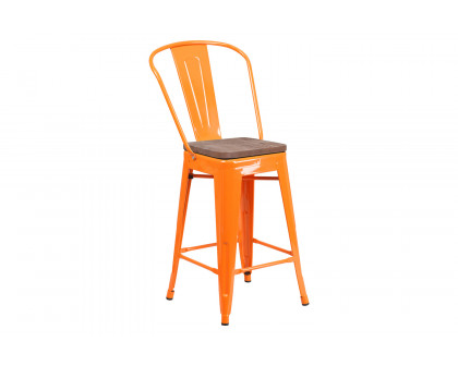 BLNK™ Lily Metal Counter Height Stool with Back and Wood Seat - Orange