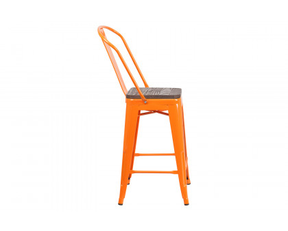 BLNK™ Lily Metal Counter Height Stool with Back and Wood Seat - Orange