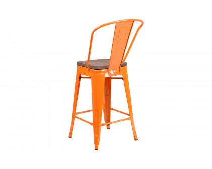 BLNK™ Lily Metal Counter Height Stool with Back and Wood Seat - Orange