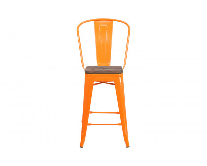 BLNK™ Lily Metal Counter Height Stool with Back and Wood Seat - Orange