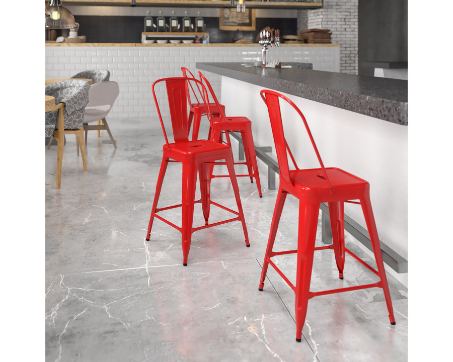 BLNK Kai Commercial Metal Indoor-Outdoor Counter Height Stool with Removable Back - Red