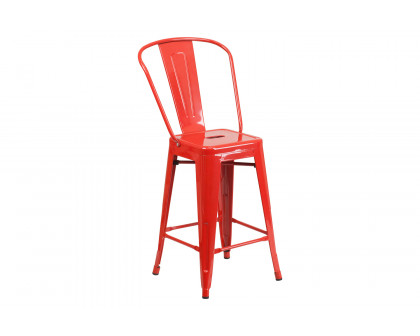 BLNK Kai Commercial Metal Indoor-Outdoor Counter Height Stool with Removable Back - Red