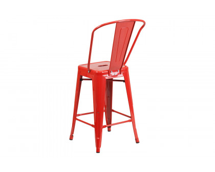 BLNK Kai Commercial Metal Indoor-Outdoor Counter Height Stool with Removable Back - Red