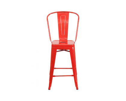 BLNK Kai Commercial Metal Indoor-Outdoor Counter Height Stool with Removable Back - Red