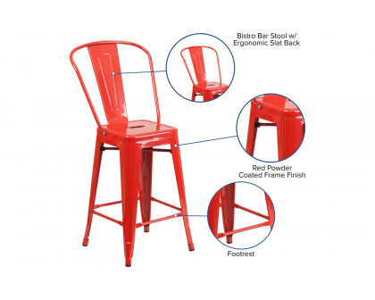 BLNK Kai Commercial Metal Indoor-Outdoor Counter Height Stool with Removable Back - Red