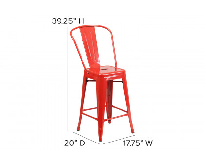 BLNK Kai Commercial Metal Indoor-Outdoor Counter Height Stool with Removable Back - Red