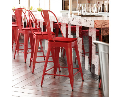 BLNK Kai Commercial Metal Indoor-Outdoor Counter Height Stool with Removable Back and All-Weather Poly Resin Seat