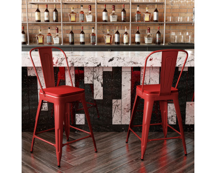 BLNK Kai Commercial Metal Indoor-Outdoor Counter Height Stool with Removable Back and All-Weather Poly Resin Seat - Red