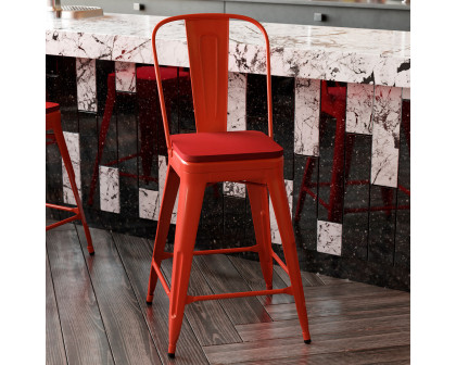 BLNK Kai Commercial Metal Indoor-Outdoor Counter Height Stool with Removable Back and All-Weather Poly Resin Seat - Red