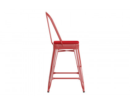 BLNK Kai Commercial Metal Indoor-Outdoor Counter Height Stool with Removable Back and All-Weather Poly Resin Seat - Red