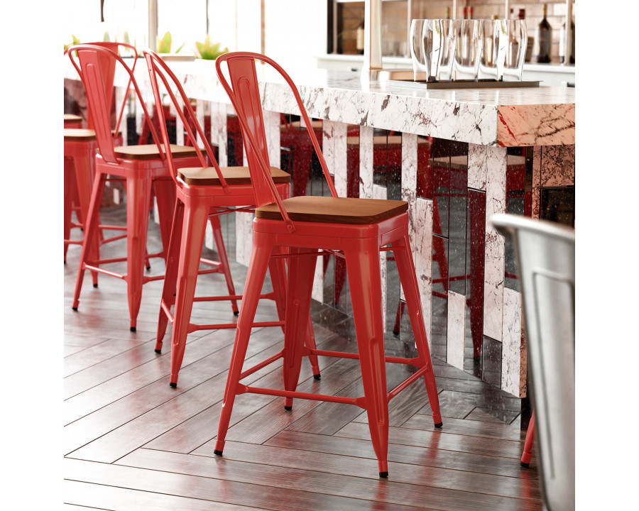 BLNK Kai Commercial Metal Indoor-Outdoor Counter Height Stool with Removable Back and All-Weather Poly Resin Seat - Red/Teak