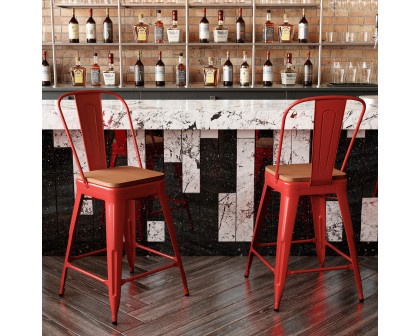 BLNK Kai Commercial Metal Indoor-Outdoor Counter Height Stool with Removable Back and All-Weather Poly Resin Seat - Red/Teak