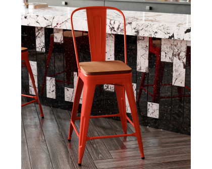 BLNK Kai Commercial Metal Indoor-Outdoor Counter Height Stool with Removable Back and All-Weather Poly Resin Seat - Red/Teak