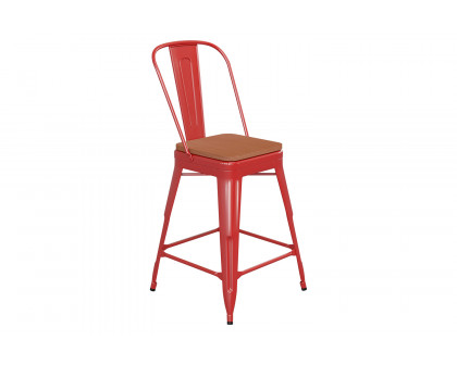 BLNK Kai Commercial Metal Indoor-Outdoor Counter Height Stool with Removable Back and All-Weather Poly Resin Seat - Red/Teak