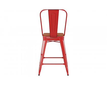 BLNK Kai Commercial Metal Indoor-Outdoor Counter Height Stool with Removable Back and All-Weather Poly Resin Seat - Red/Teak