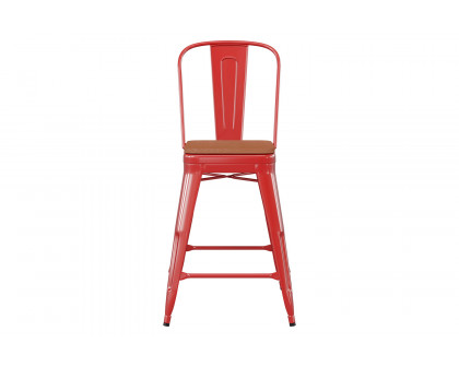 BLNK Kai Commercial Metal Indoor-Outdoor Counter Height Stool with Removable Back and All-Weather Poly Resin Seat - Red/Teak