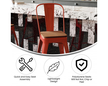 BLNK Kai Commercial Metal Indoor-Outdoor Counter Height Stool with Removable Back and All-Weather Poly Resin Seat - Red/Teak