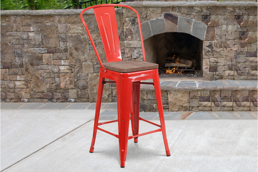 BLNK™ Lily Metal Counter Height Stool with Back and Wood Seat - Red